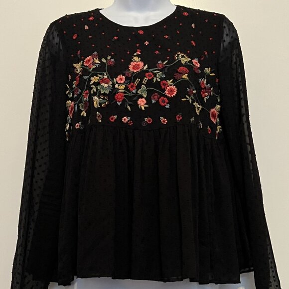 Boho Babydoll Zara Trafaluc Collection Black Embroidered Floral Top, Women's S - Picture 1 of 6